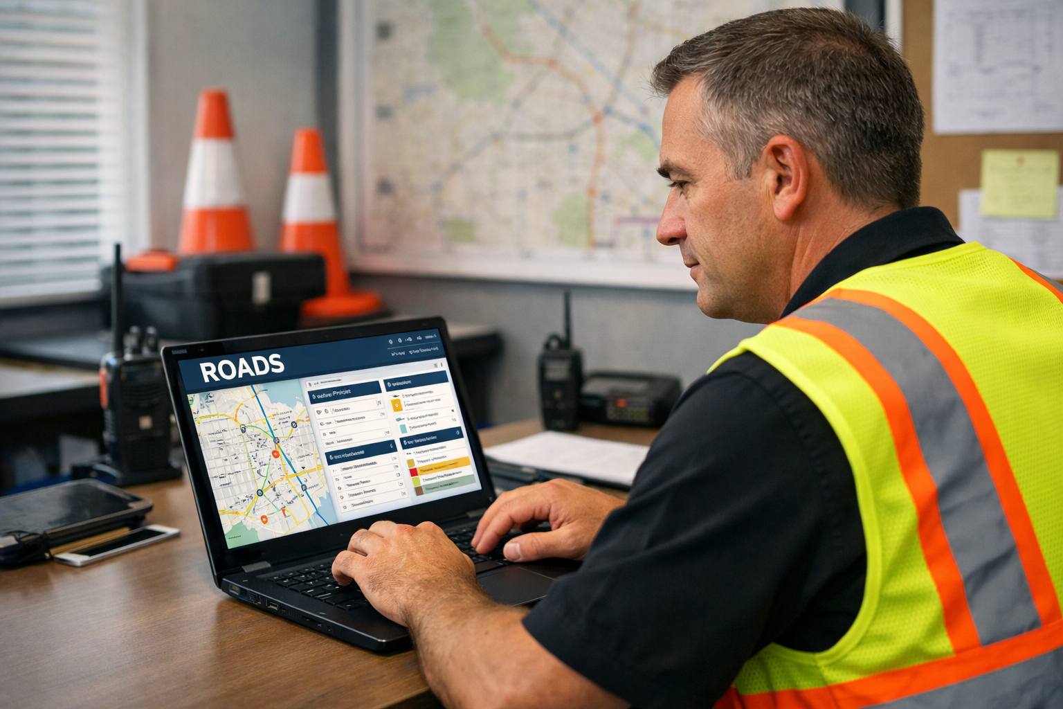 Traffic control contractors managing road work zone