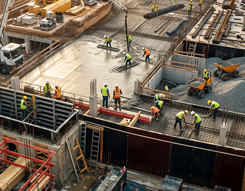 High-angle view of construction workers on a building site, engaging in construction work.